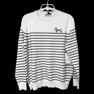 NWT Anthropologie Calligraphie Embroidered Dog White Black Stripes Sweater Sz L